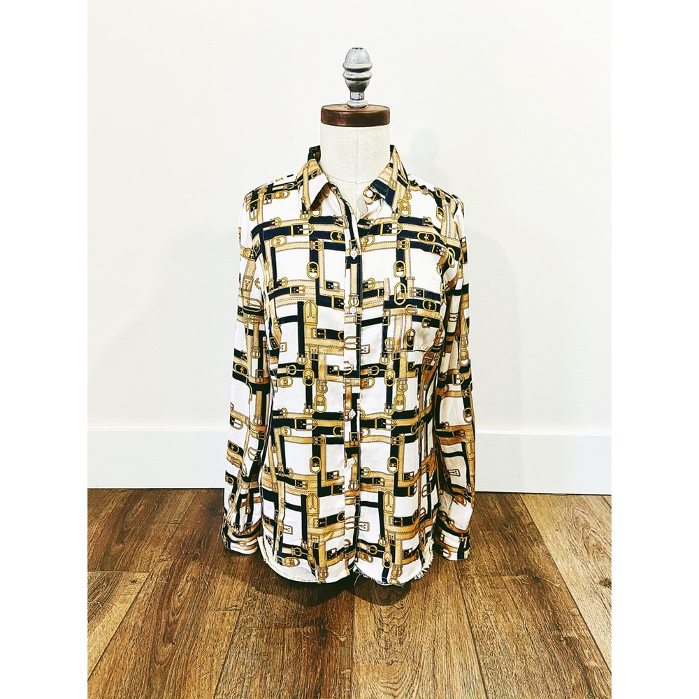 CYBER SALE🕊️vintage 80’s silky button down gold black buckle design blouse